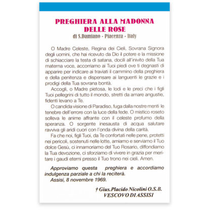 IMMAGINETTA MADONNA DELLE ROSE SFONDO ROSA CON PREGHIERA ROSA ITALIANO