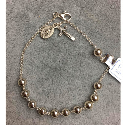 BRACCIALE DECINA IN ARGENTO CON GRANO GRANDE OPACO CROCE E MEDAGLIA MIRACOLOSA