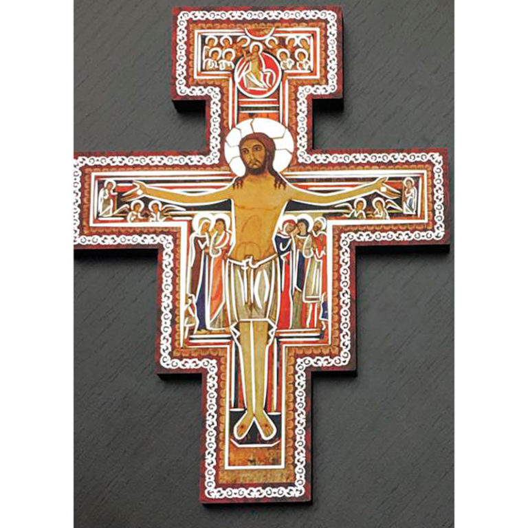 CROCE SAN DAMIANO DI ASSISIS.FRANSCESCO GRANDE CON BORDI COLOR ARGENTO METALIZZATO San CROCE SAN DAMIANO DI ASSISIS.FRANSCESCO GRANDE CON BORDI COLOR ARGENTO METALIZZATO San
