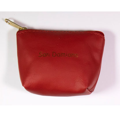 PORTA ROSARIO POCHETTE VERA PELLE CON ZIP COLOR ROSSO SCRITTA SAN DAMIANO