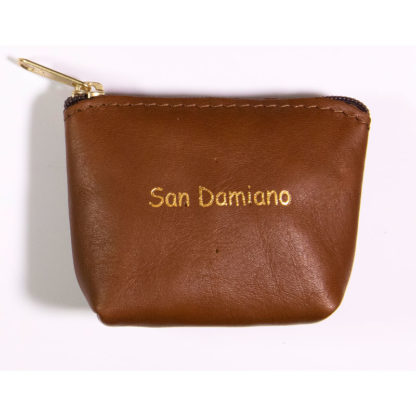 PORTA ROSARIO POCHETTE VERA PELLE CON ZIP COLOR MARRONE SCRITTA SAN DAMIANO