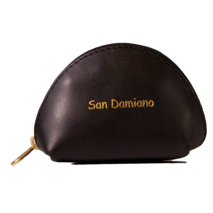 PORTA ROSARIO POCHETTE MEDIA VERA PELLE CON ZIP COLOR NERO SCRITTA SAN DAMIANO
