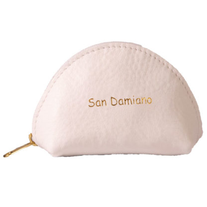 PORTA ROSARIO POCHETTE MEDIA VERA PELLE CON ZIP COLOR BIANCO SCRITTA SAN DAMIANO