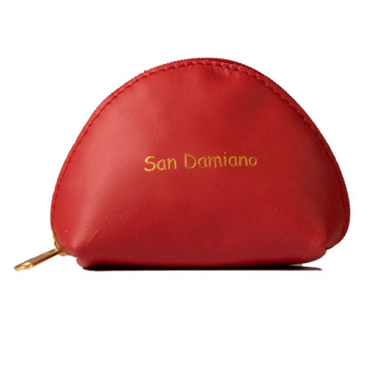 PORTA ROSARIO POCHETTE MEDIA VERA PELLE CON ZIP COLOR ROSSO SCRITTA SAN DAMIANO