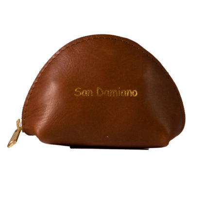PORTA ROSARIO POCHETTE MEDIA VERA PELLE CON ZIP COLOR MARRONE SCRITTA SAN DAMIANO