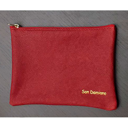 POCHETTE GRANDE ANCHE PER LIBRICINO DI PREGHIERA IN VERA PELLE COLOR ROSSO SCRITTA SAN DAMIANO