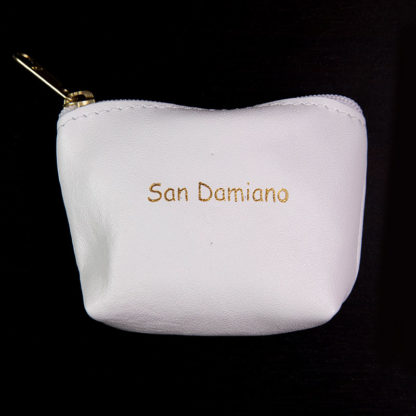 PORTA ROSARIO POCHETTE VERA PELLE CON ZIP COLOR BIANCO SCRITTA SAN DAMIANO