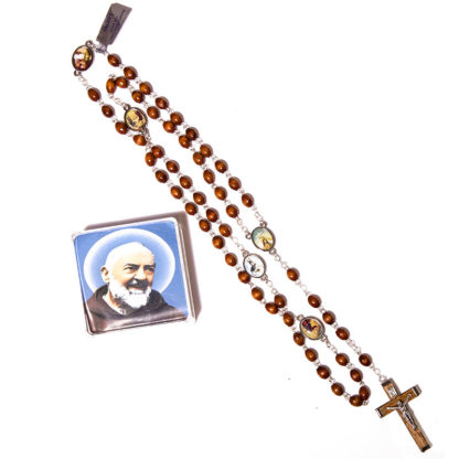 ROSARIO PADRE PIO IN LEGNO CON MEDAGLIE SMALTATE