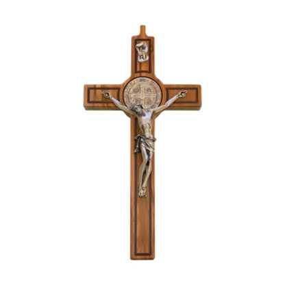CROCE RAFFINATA SAN BENEDETTO VERO OLIVO CON CRISTO ARGENTATO QUALITA' SUPERIORE