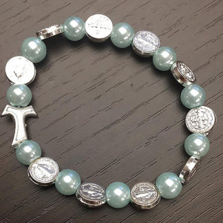 BRACCIALE ELASTICO DECINA CON 10 MEDAGLIE DI SAN BENEDETTO GRANI AZZURRI E TAO