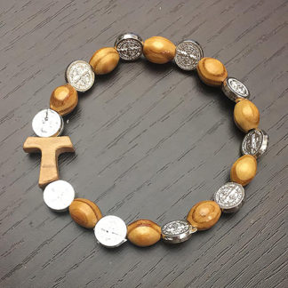 BRACCIALE ELASTICO DECINA CON 10 MEDAGLIE DI SAN BENEDETTO GRANI IN LEGNO E TAO ANCHE DA UOMO
