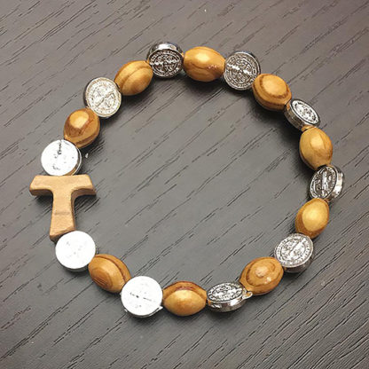 BRACCIALE ELASTICO DECINA CON 10 MEDAGLIE DI SAN BENEDETTO GRANI IN LEGNO E TAO ANCHE DA UOMO