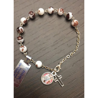 BRACCIALE CATENINA IN VETRO MACULATO MEDAGLIA MADONNA DELLE ROSE E  CROCETTA COLOR GRIGIO