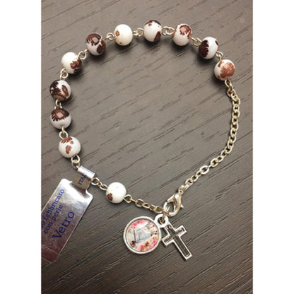 BRACCIALE CATENINA IN VETRO MACULATO MEDAGLIA MADONNA DELLE ROSE E  CROCETTA COLOR GRIGIO