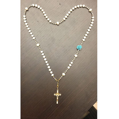 COLLIER-ROSARIO BIJOUX RAFFINATO FATTO A MANO CON PERLE DI FIUME rosellina azzurra