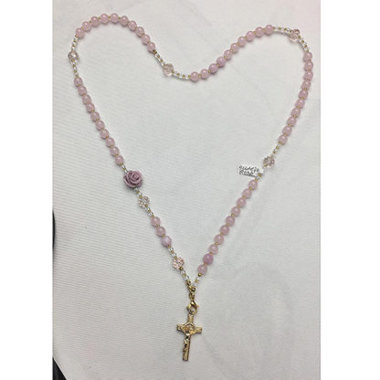 COLLIER-ROSARIO BIJOUX RAFFINATO FATTO A MANO CON PIETRE ROSA QUARZO (altre pietre su richiesta)