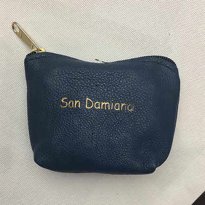 PORTA ROSARIO POCHETTE VERA PELLE CON ZIP COLOR BLU SCRITTA SAN DAMIANO